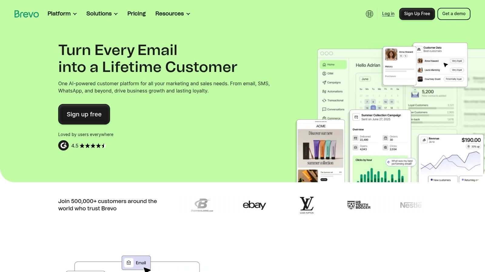 A screenshot of the Brevo dashboard displaying its multi-channel campaign options, including email, SMS, and WhatsApp.