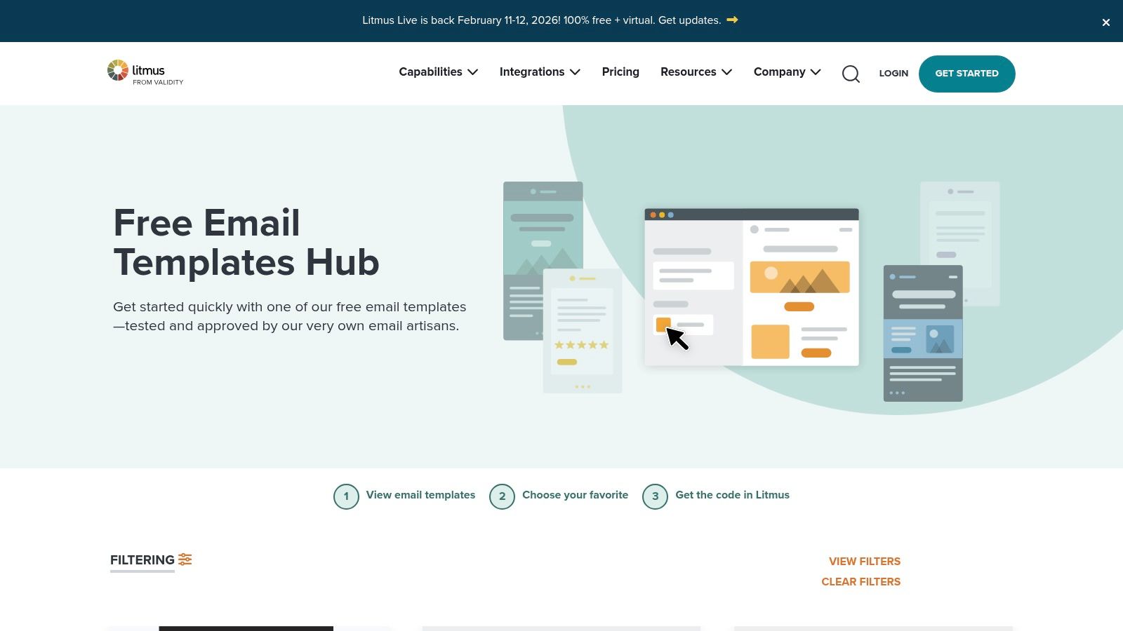 A screenshot of the Litmus email templates page, showing various modern and clean newsletter designs available for download.