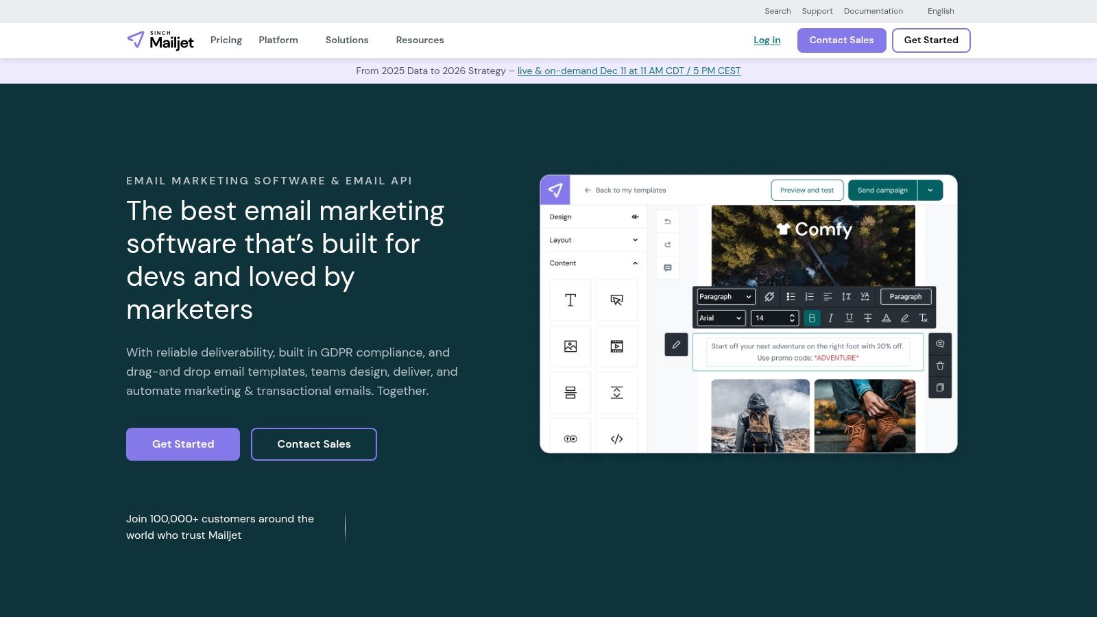 A screenshot of the Mailjet dashboard showcasing its email editor and collaboration features, highlighting its team-oriented design.