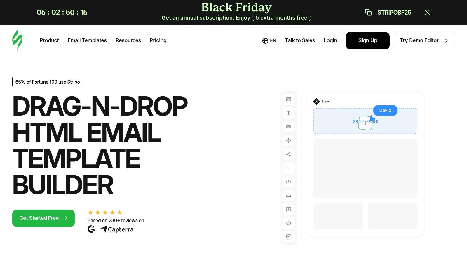 A screenshot of the Stripo email template builder, displaying a wide variety of colourful and modern email designs in a grid layout.