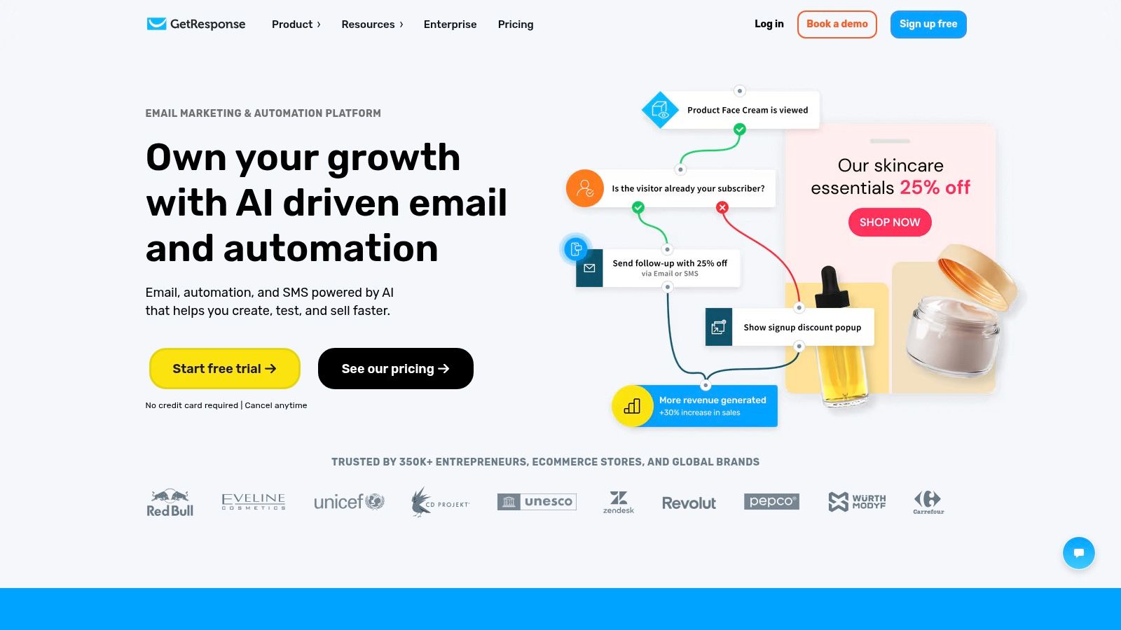 A screenshot of the GetResponse automation workflow builder, showcasing its visual and advanced capabilities.