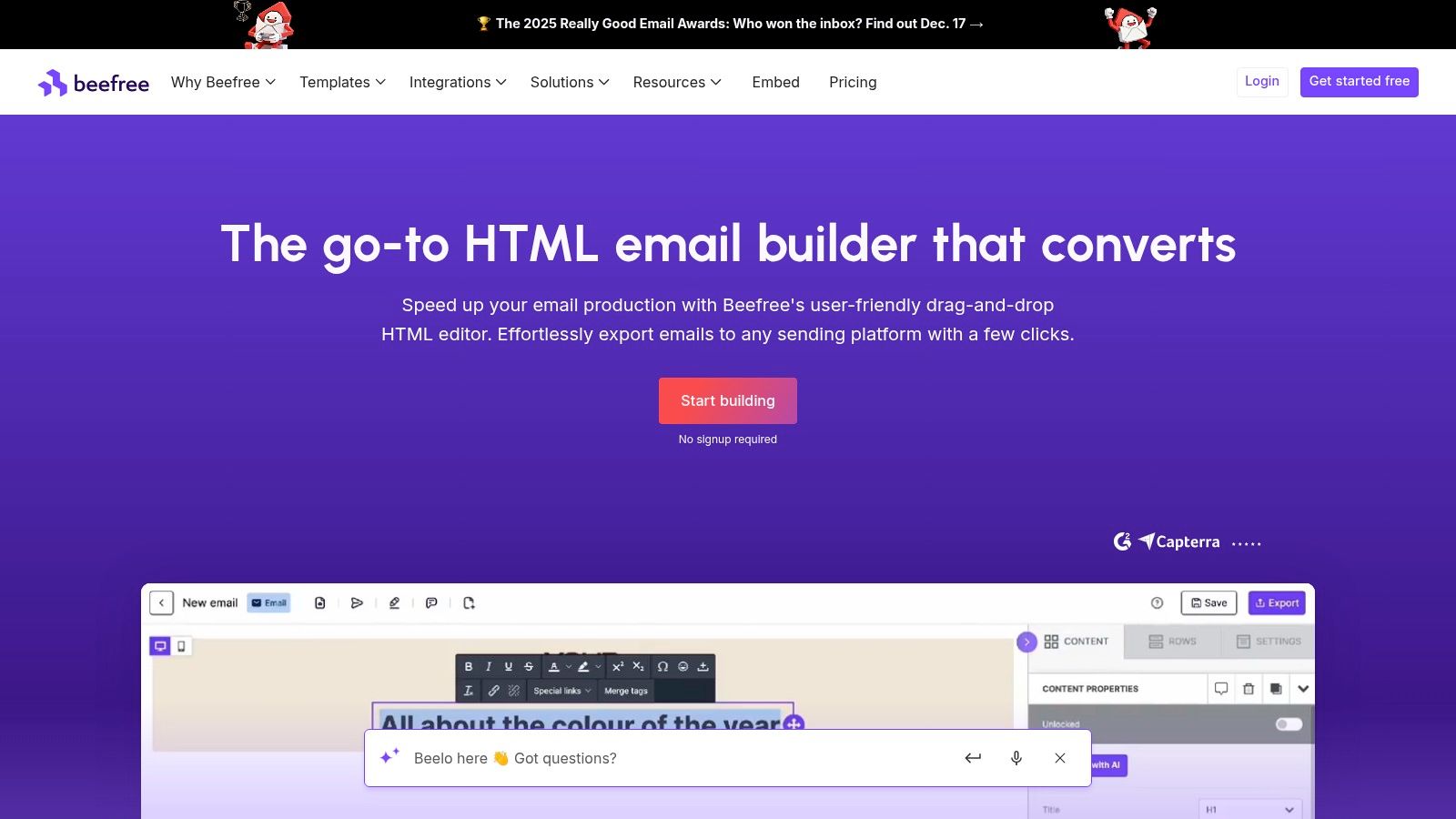 A screenshot of the Beefree email template builder, showing a colourful, image-heavy newsletter layout with design and content block options in a sidebar.