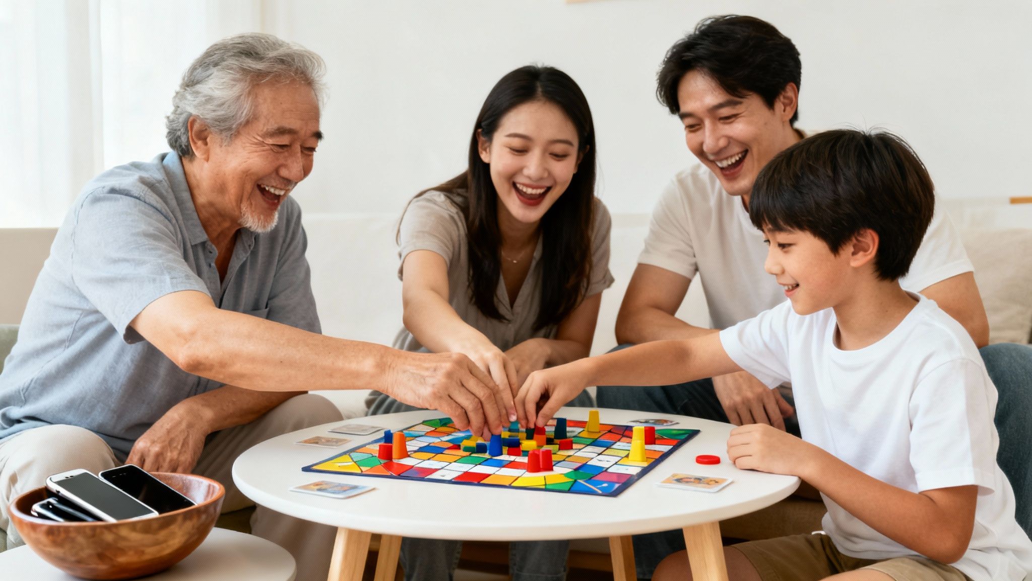 Family playing a board game together, laughing and engaged.