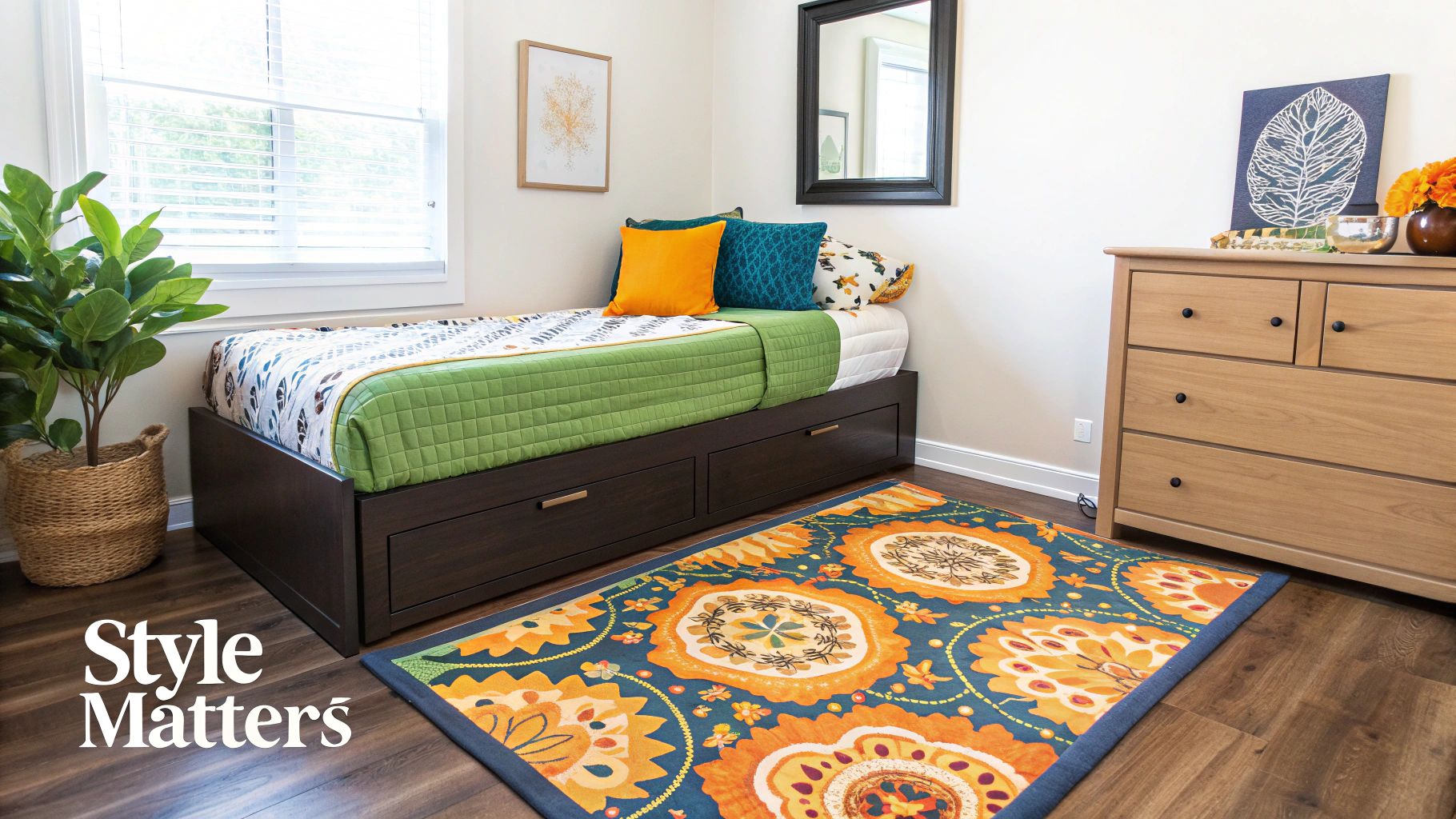 A cosy bedroom with a stylish rug that complements the bedding and wall art.
