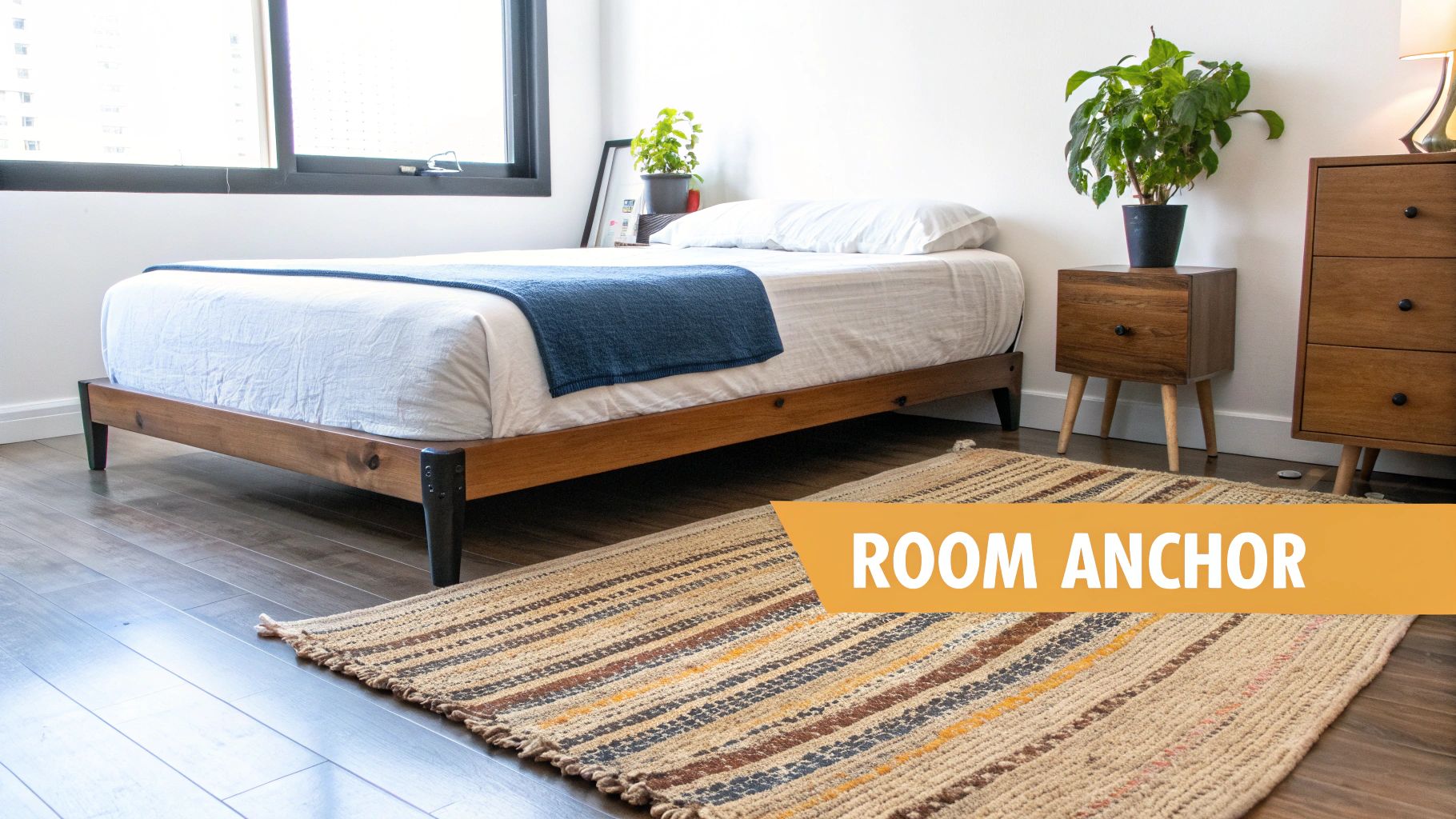 A beautifully styled bedroom with a large, neutral-coloured rug placed under the bed, anchoring the space.