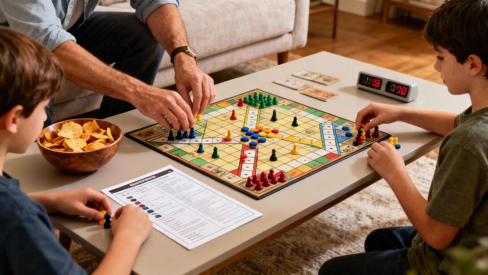 A family enjoying snacks while playing a board game at a cozy table.