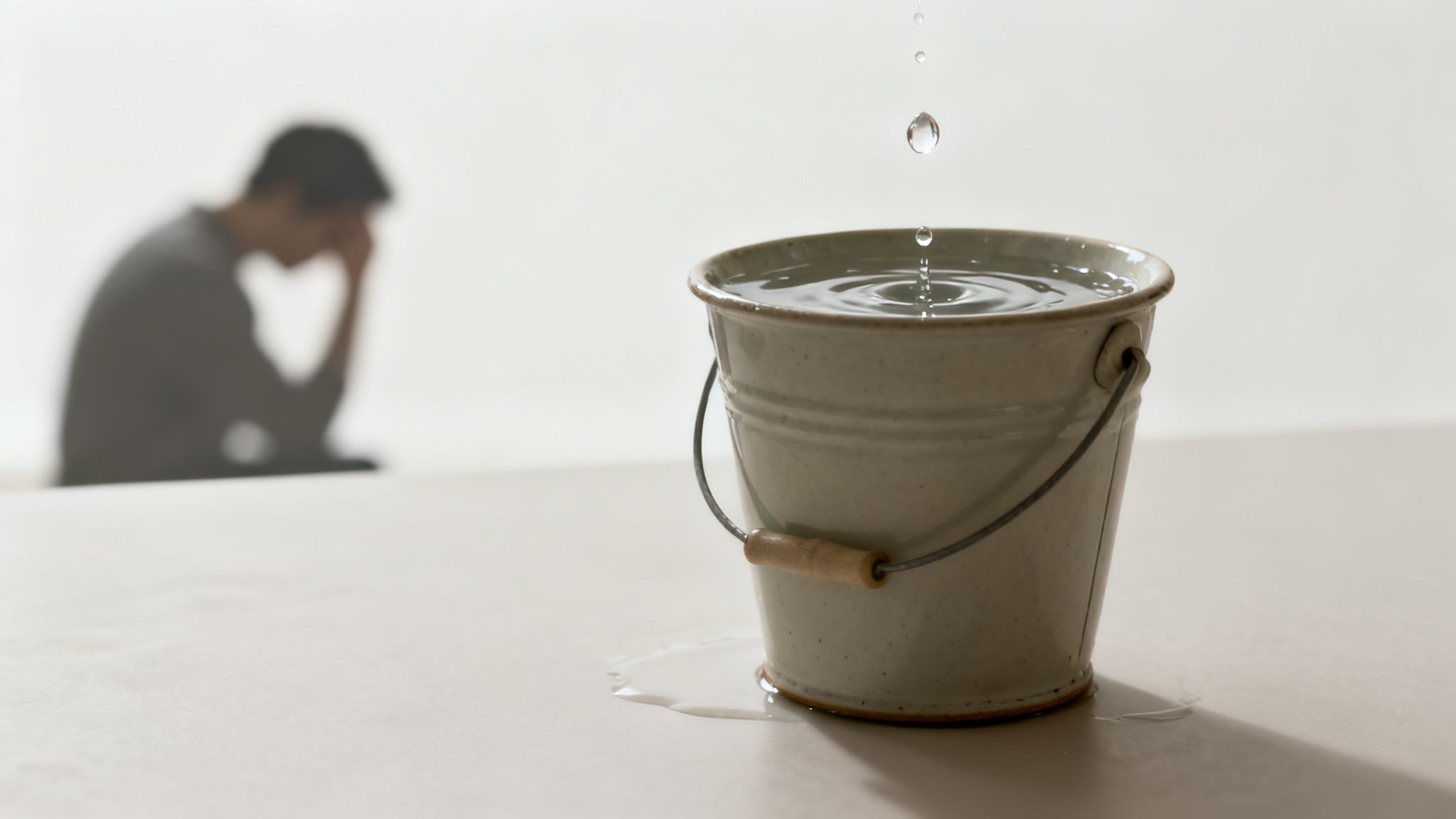 An overflowing bucket of water with drops falling, and a distressed, blurry figure in the background.