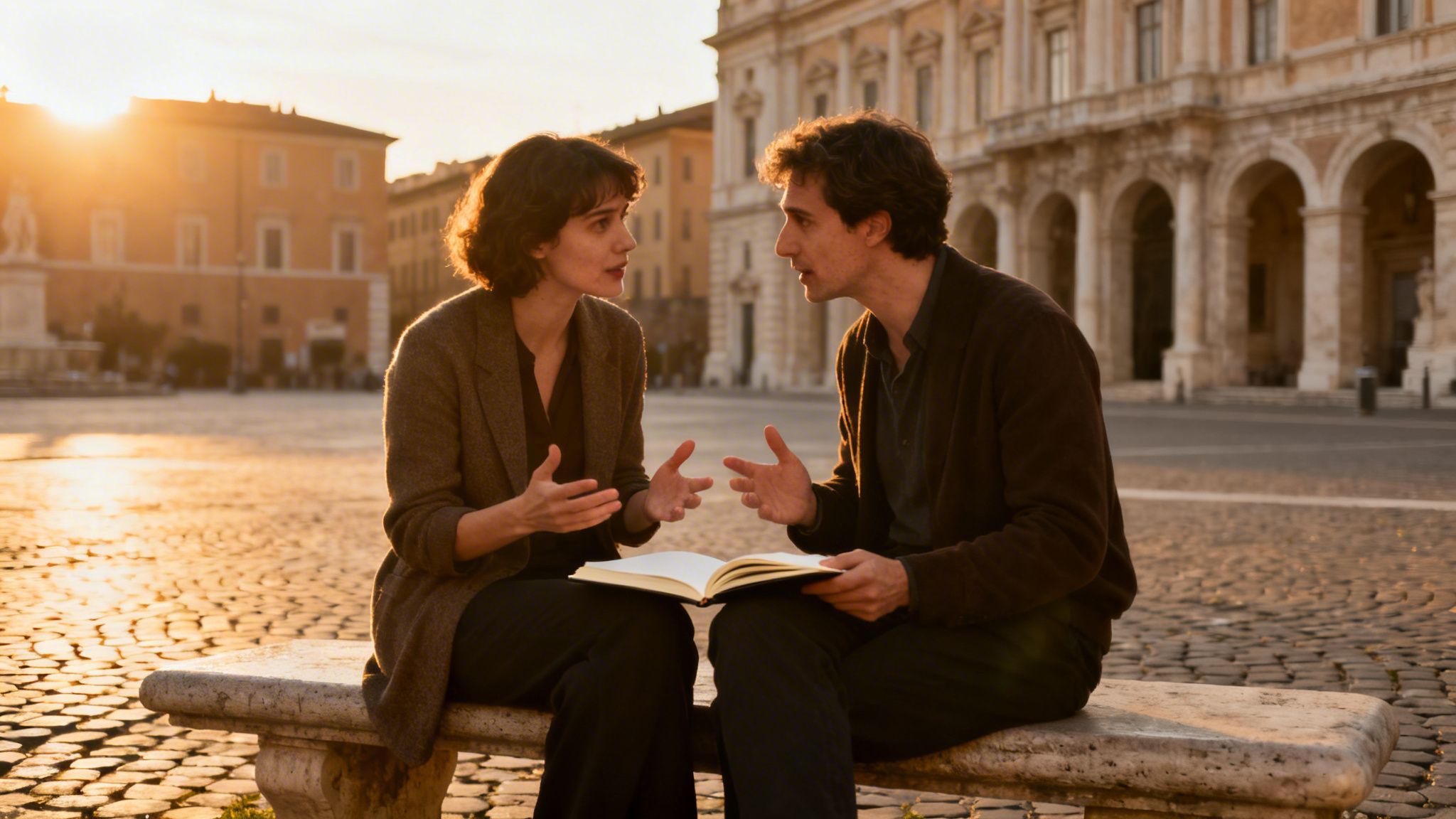 A man and woman intensely conversing on a stone bench with a book at warm sunset.