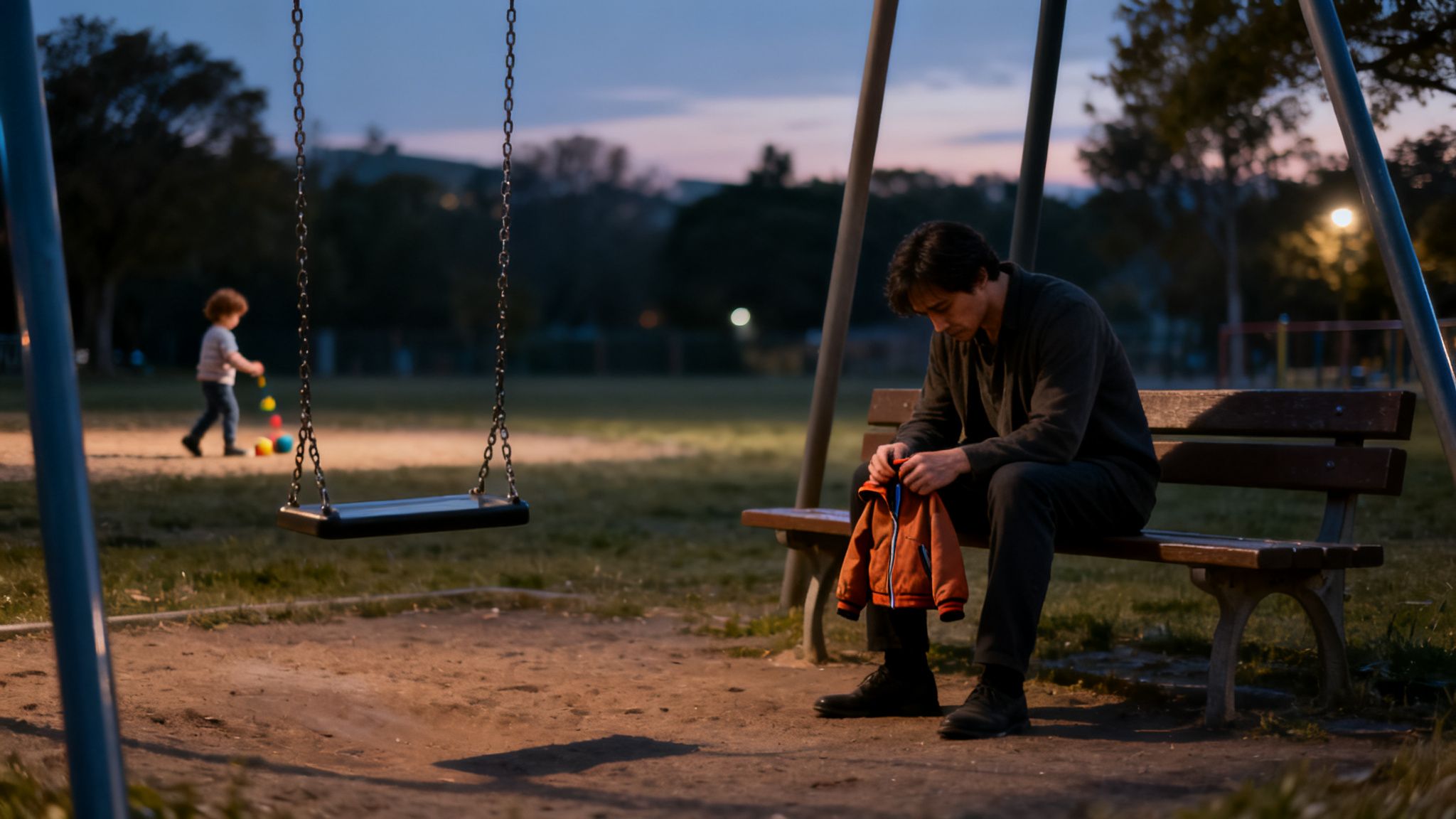 A man sits on a park bench holding a child's jacket as a child plays nearby.