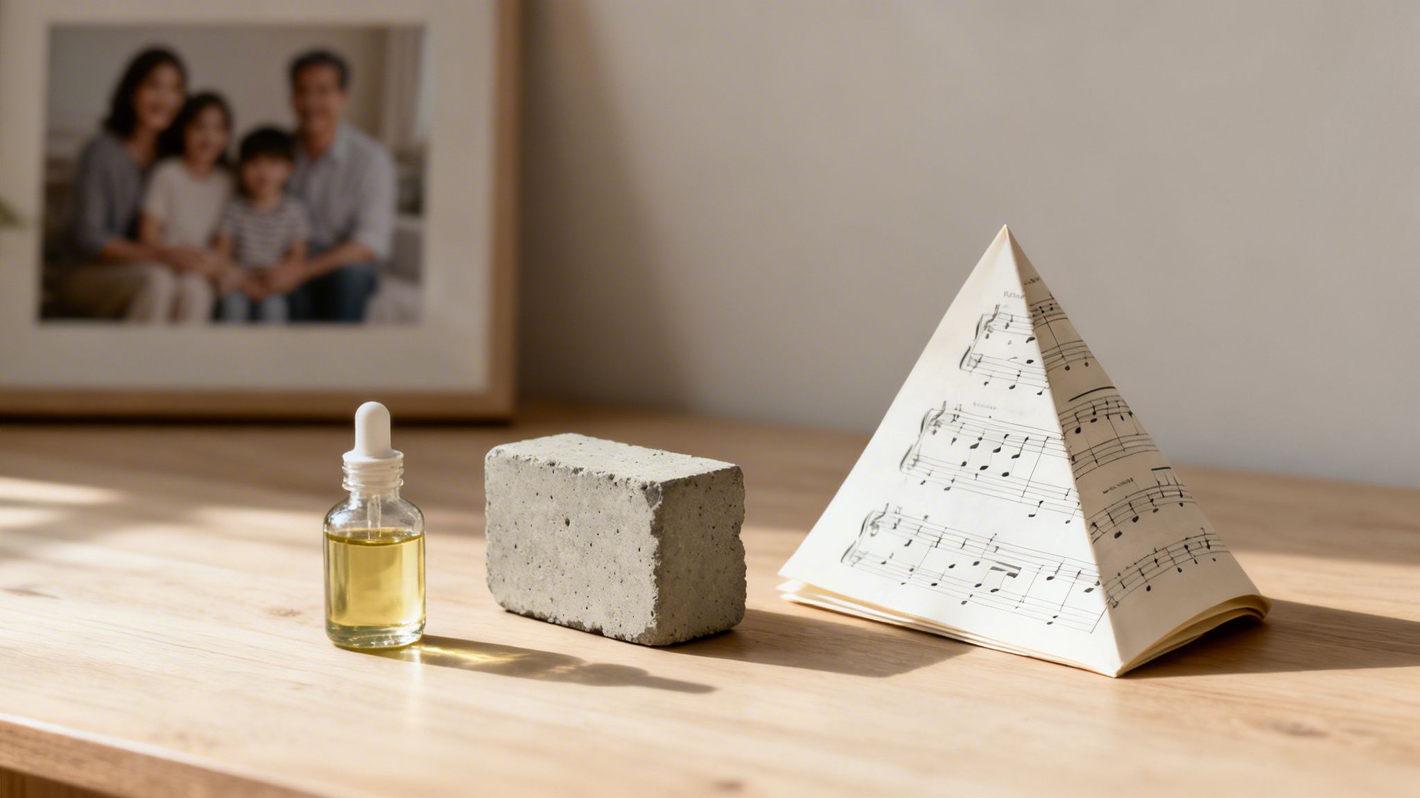 A dropper bottle, concrete block, and music sheet pyramid on a wooden table with a framed family photo.