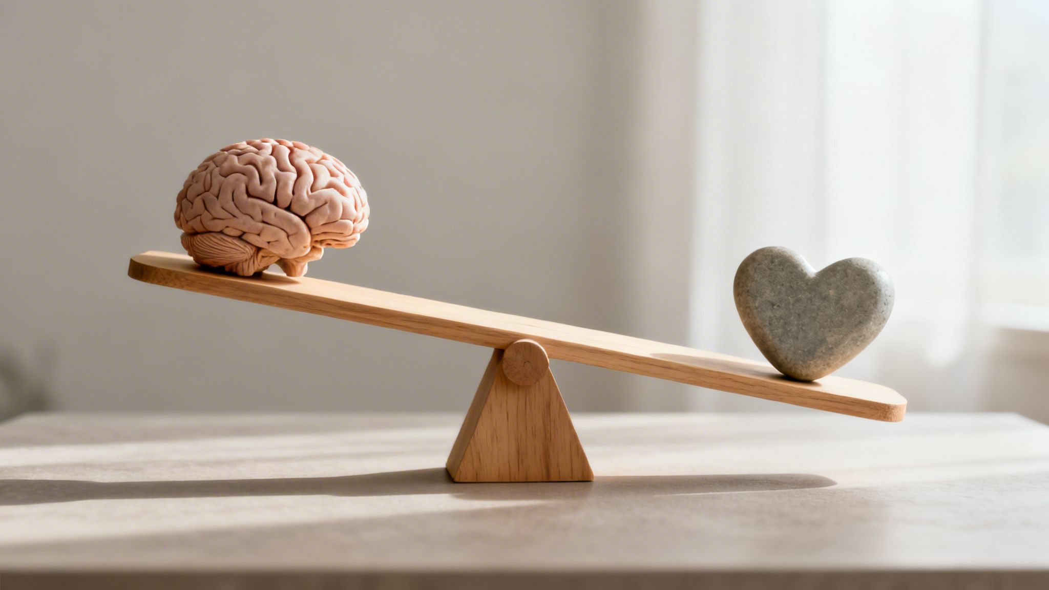 A human brain model and a stone heart on a wooden seesaw, symbolizing the balance of intellect and emotion.