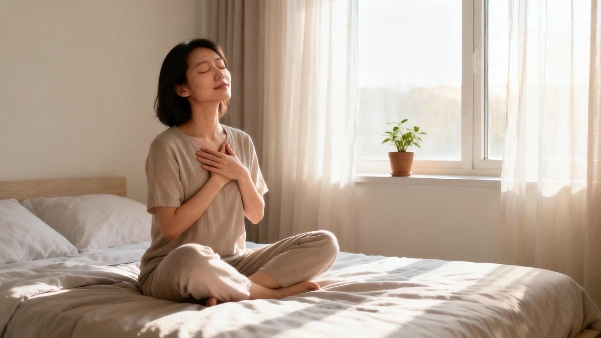 A serene woman meditating on a bed with hands over her heart in a sunlit room.