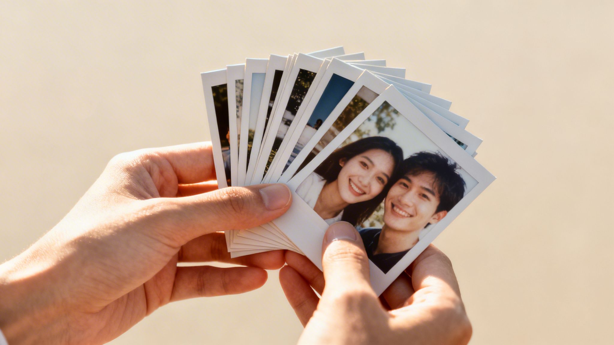 Close-up of hands holding a fan of instant photos featuring a smiling Asian couple.