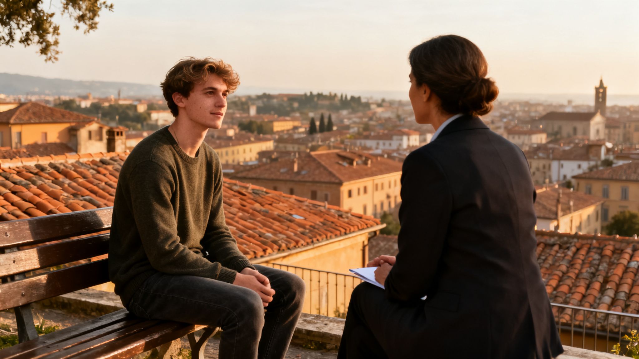 A young man talks to a female therapist outdoors overlooking an old European city at sunset.