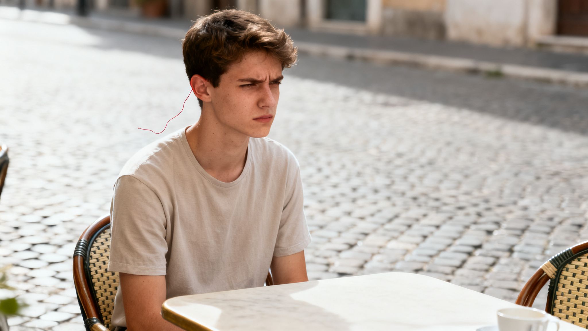 A young man with a red string by his ear sits thoughtfully at an outdoor cafe.