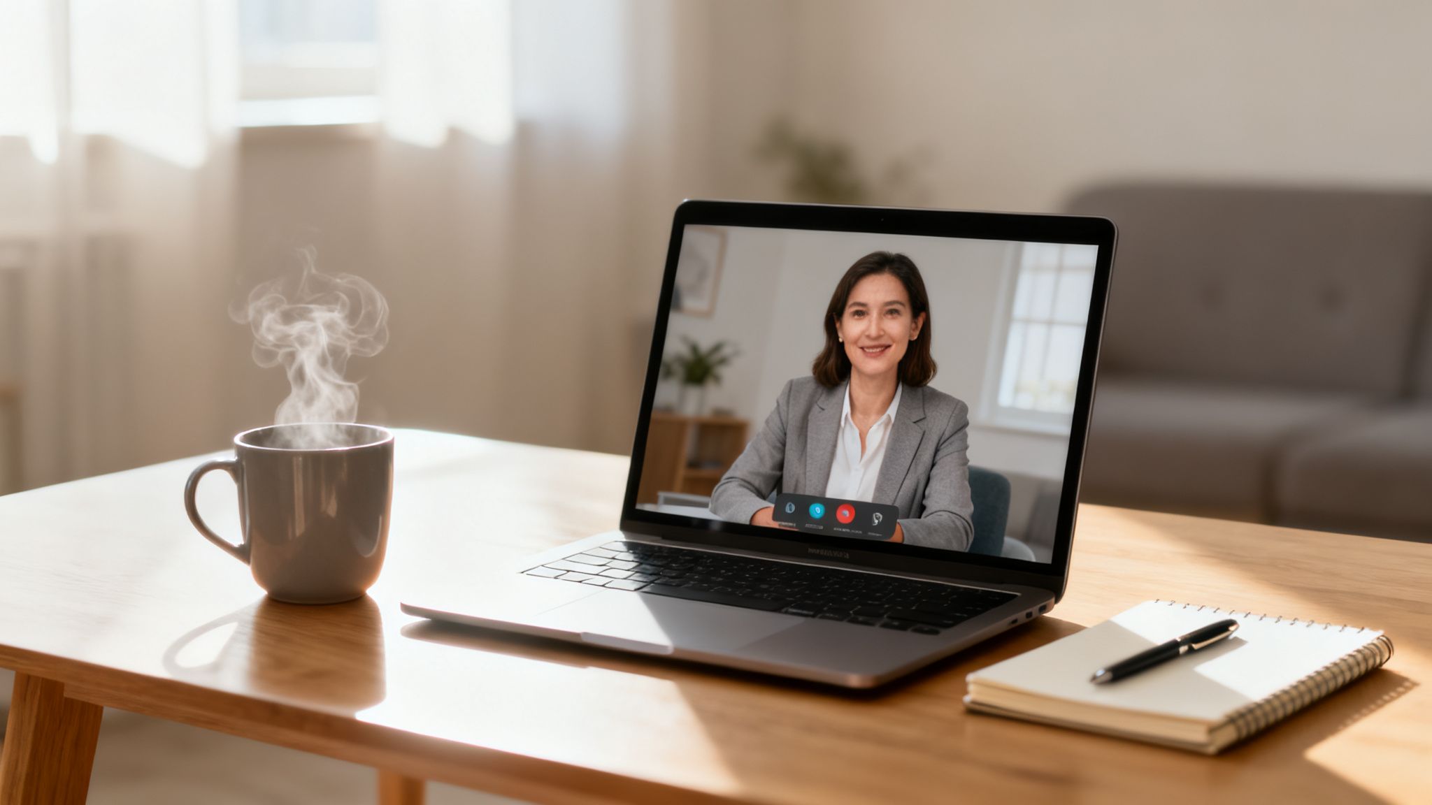 A laptop on a wooden desk displays a woman on a video call, next to a steaming coffee mug and notebook.