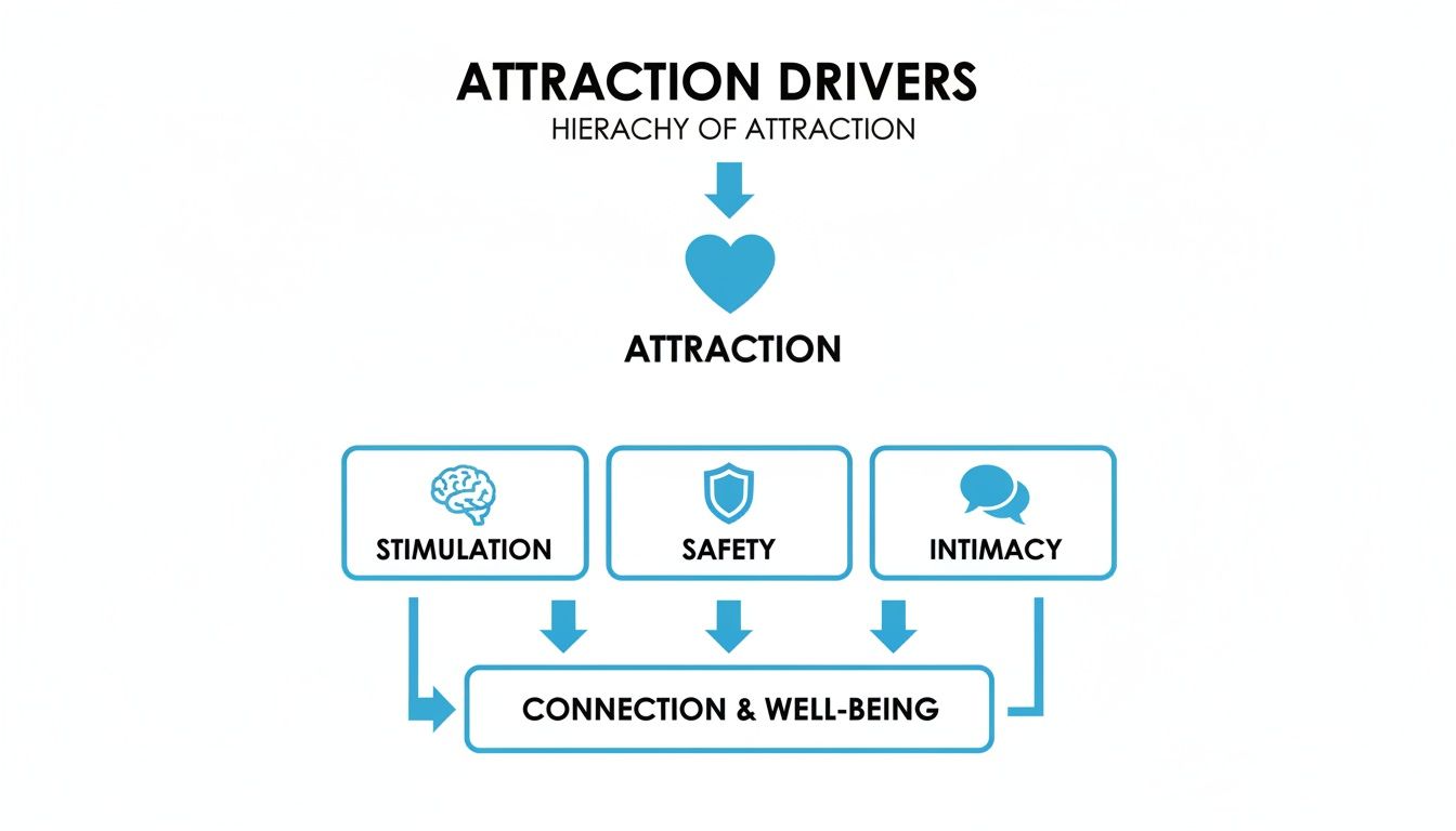 Flowchart illustrating attraction drivers: stimulation, safety, and intimacy leading to connection and well-being.