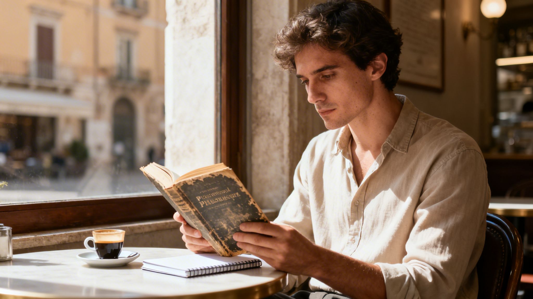 A young man with dark curly hair reads an old book in a sunlit cafe.