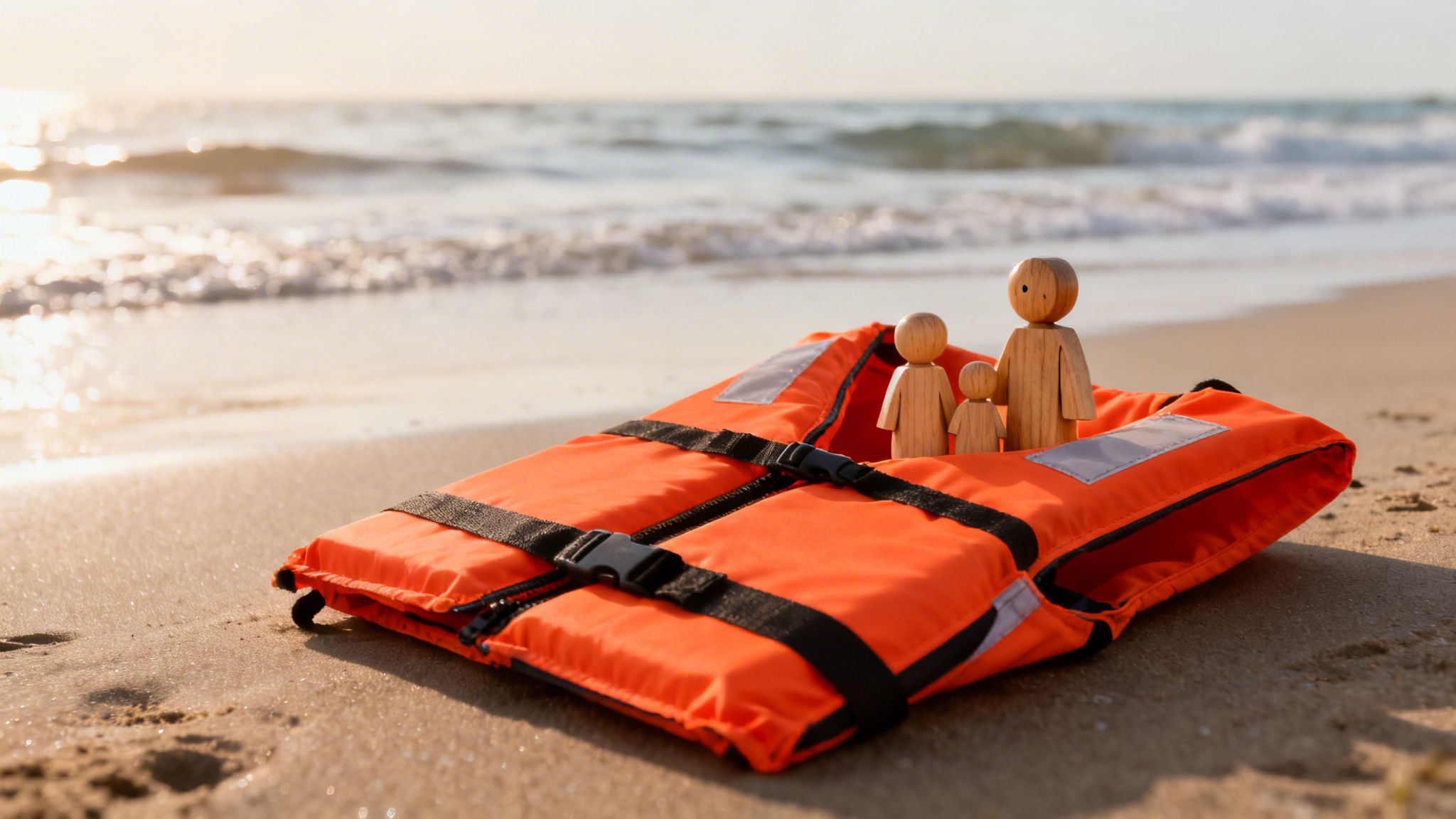 A bright orange life jacket on a sandy beach holds three wooden family figures, with the ocean in the background.