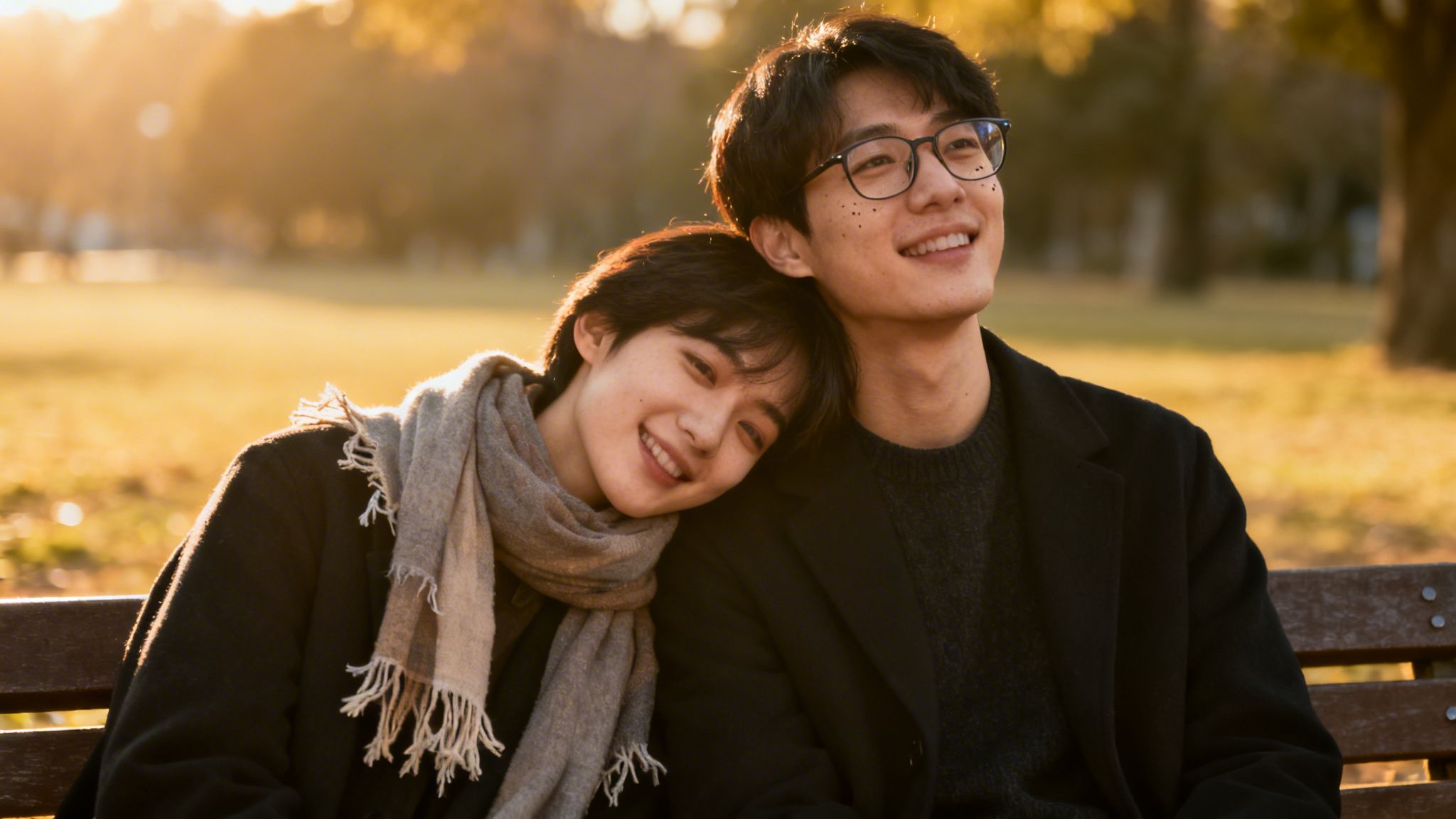 Two young friends happily embrace on a park bench, one resting head on the other's shoulder in warm sunlight.