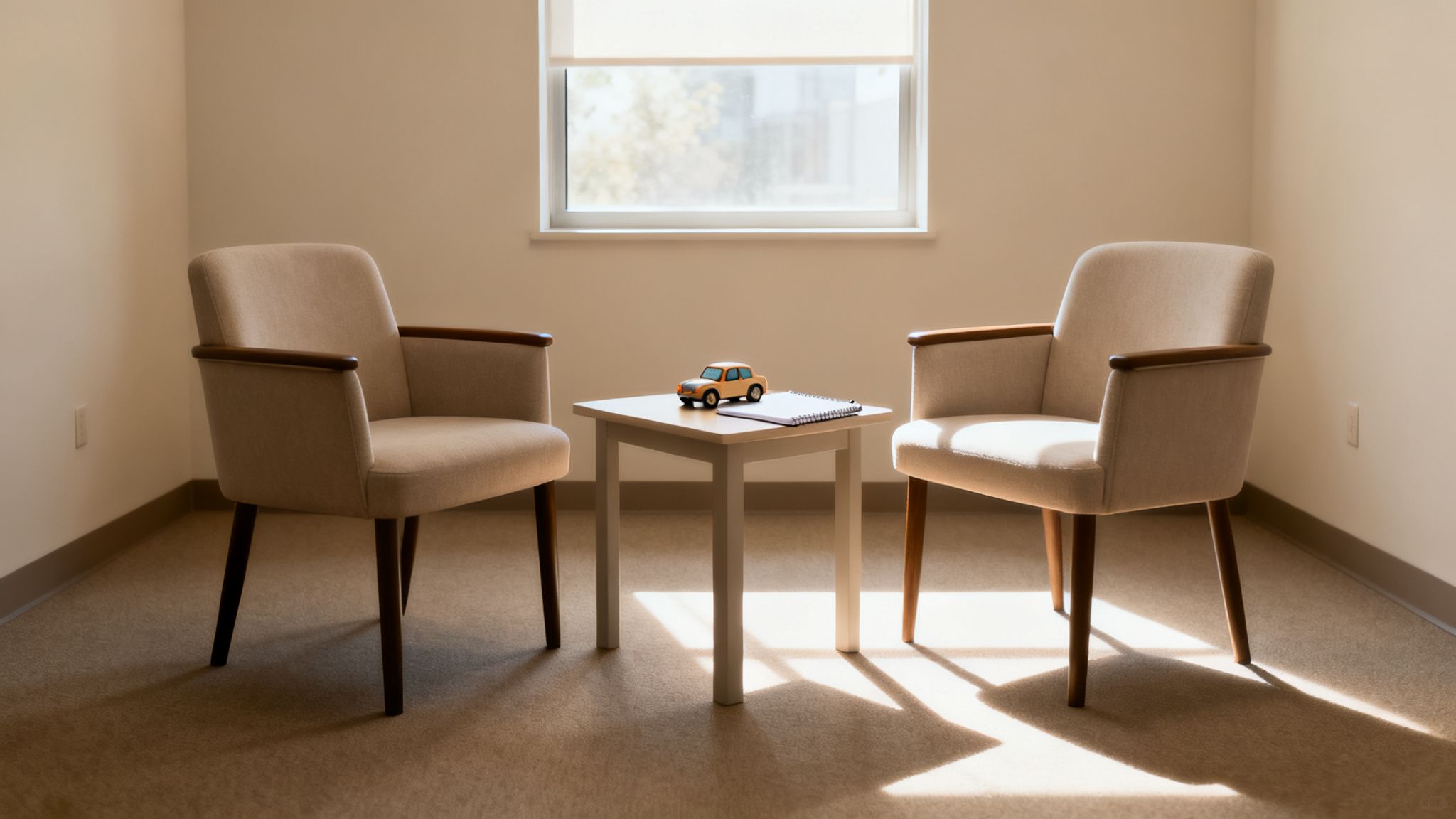 Two beige armchairs, a small table with a toy car and notebook, in a sunlit room.