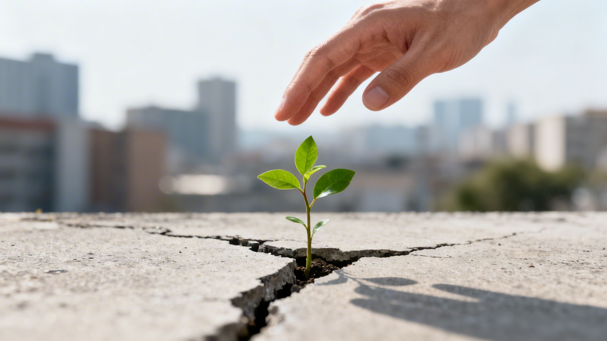 A small green plant grows through a cracked concrete surface, with a hand reaching towards it.