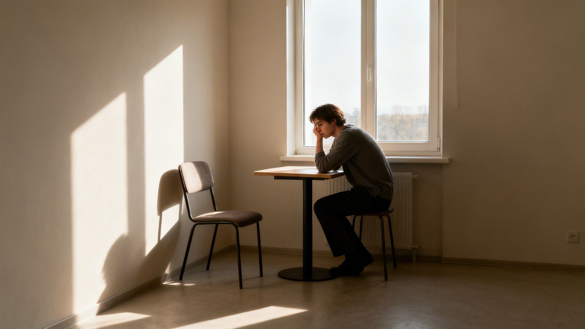 A pensive young man sits alone at a small table by a window, bathed in sunlight.
