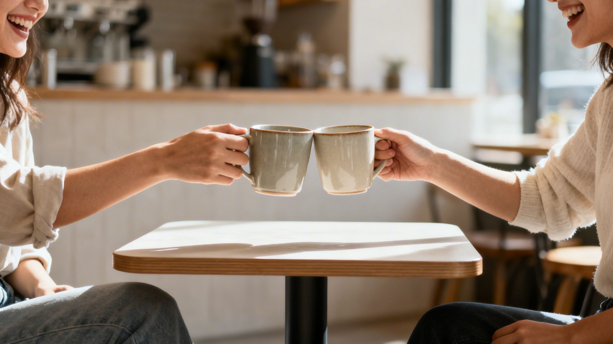 Two smiling friends toast with coffee mugs at a cafe table, sharing a happy moment.