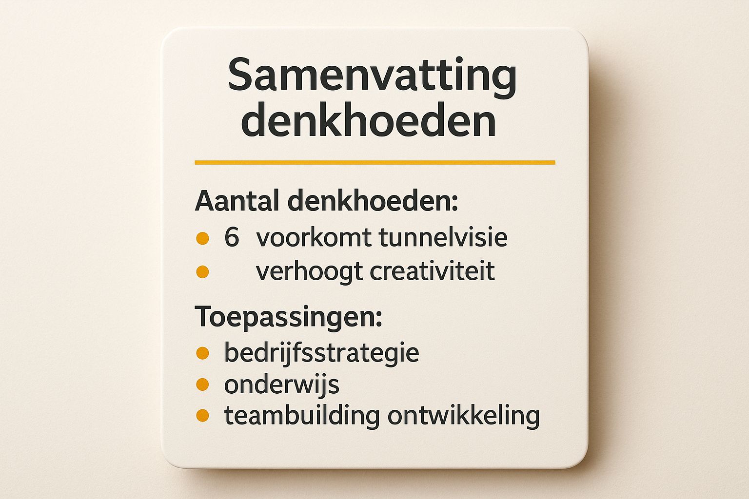 oefeningen omdenken Infographic samenvatting Zes Denkhoeden van De Bono