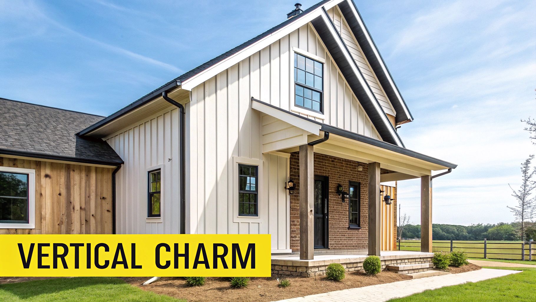 A modern farmhouse-style house with white board and batten and natural wood siding, featuring a brick porch.