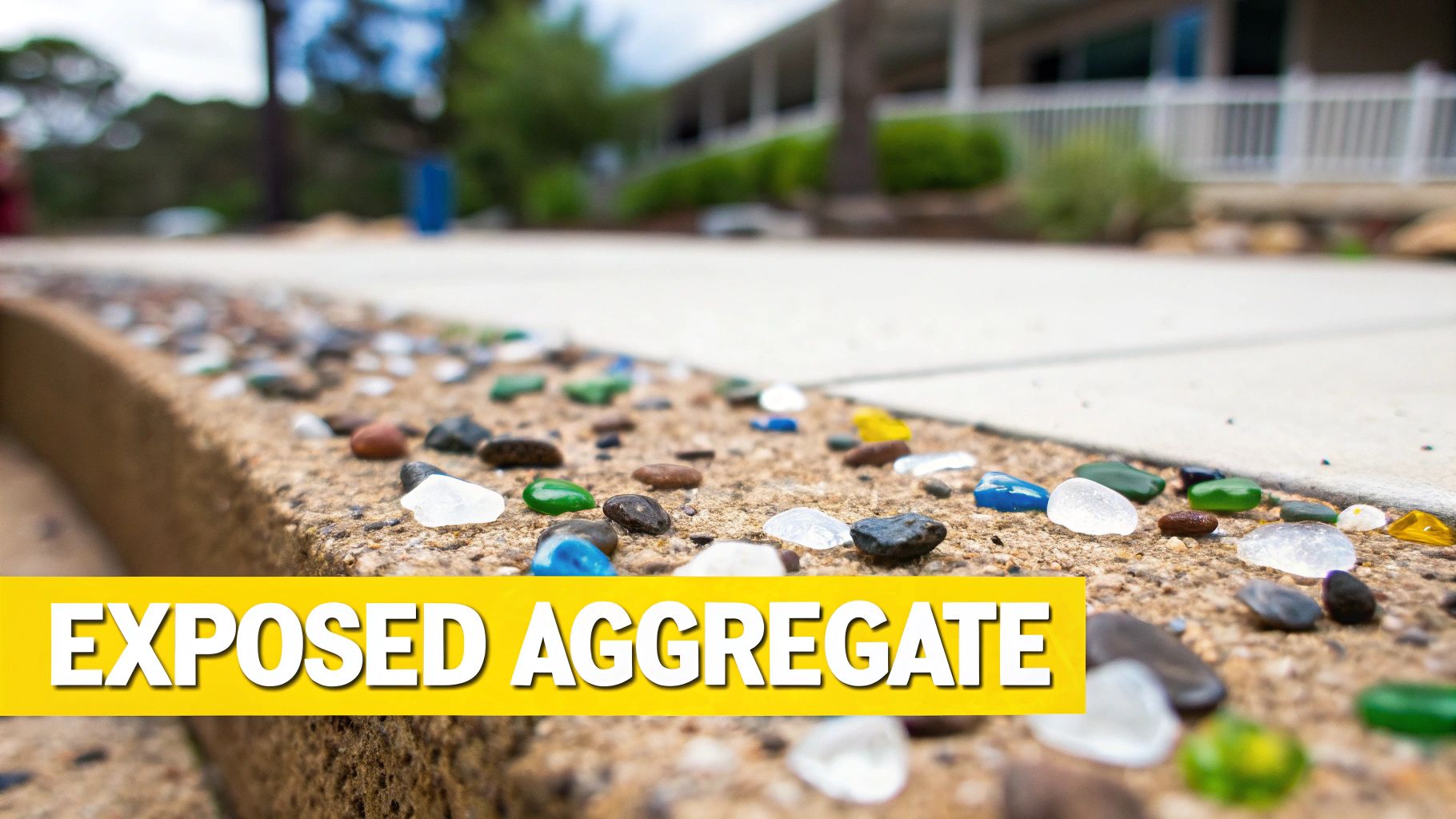 Close-up of an exposed aggregate concrete patio edge featuring colorful glass and stones, with a text overlay.