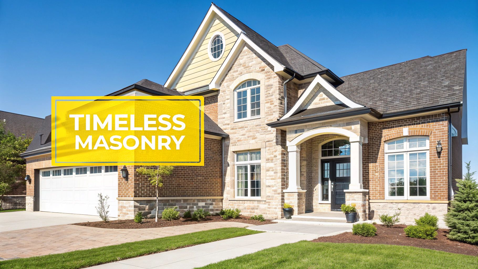 A beautiful, large house featuring brick and stone masonry with yellow siding and a dark roof.