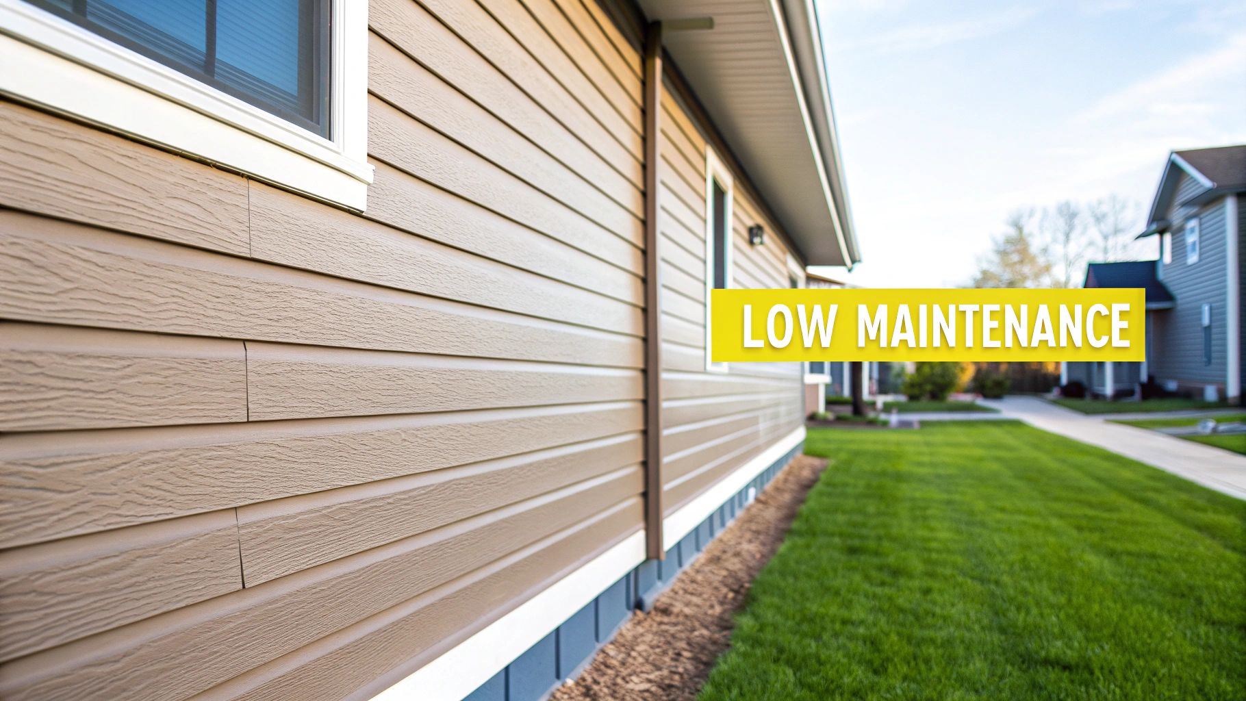Close-up of modern tan house siding with wood grain texture and a 'low maintenance' banner.