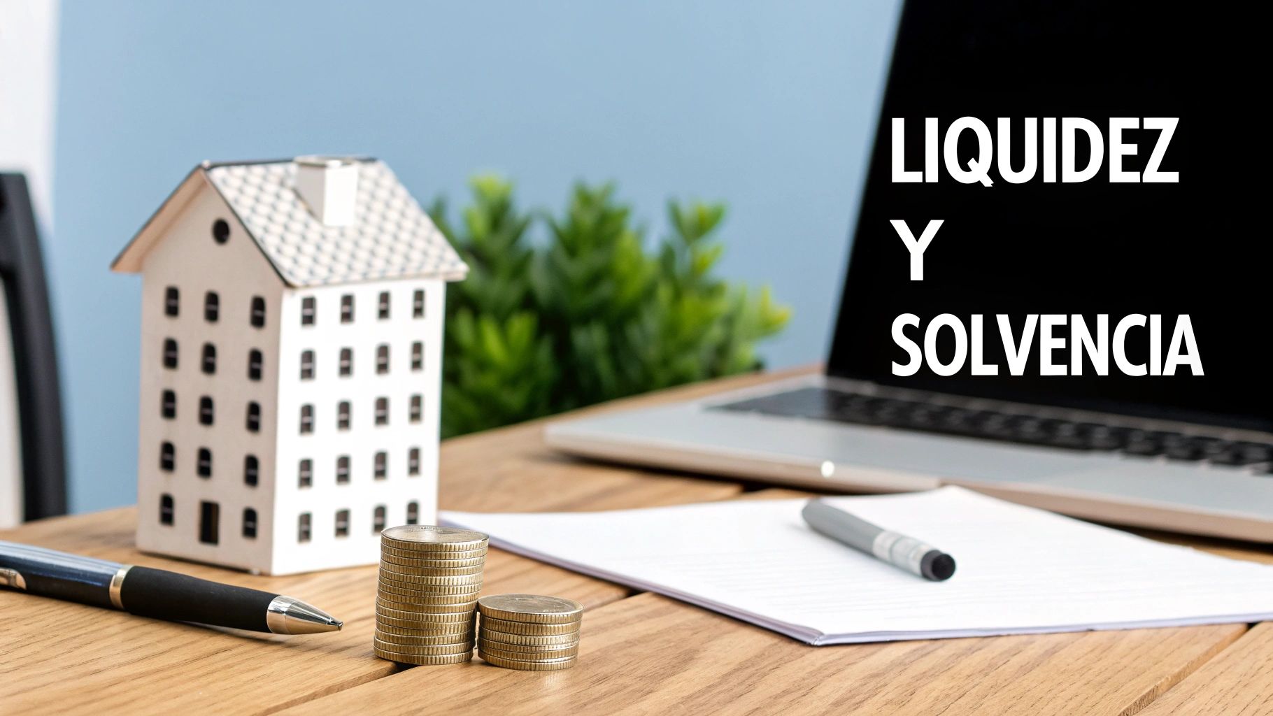 Casa en miniatura, monedas, bolígrafo, papel y laptop con texto 'Liquidez y Solvencia' en una mesa de madera.