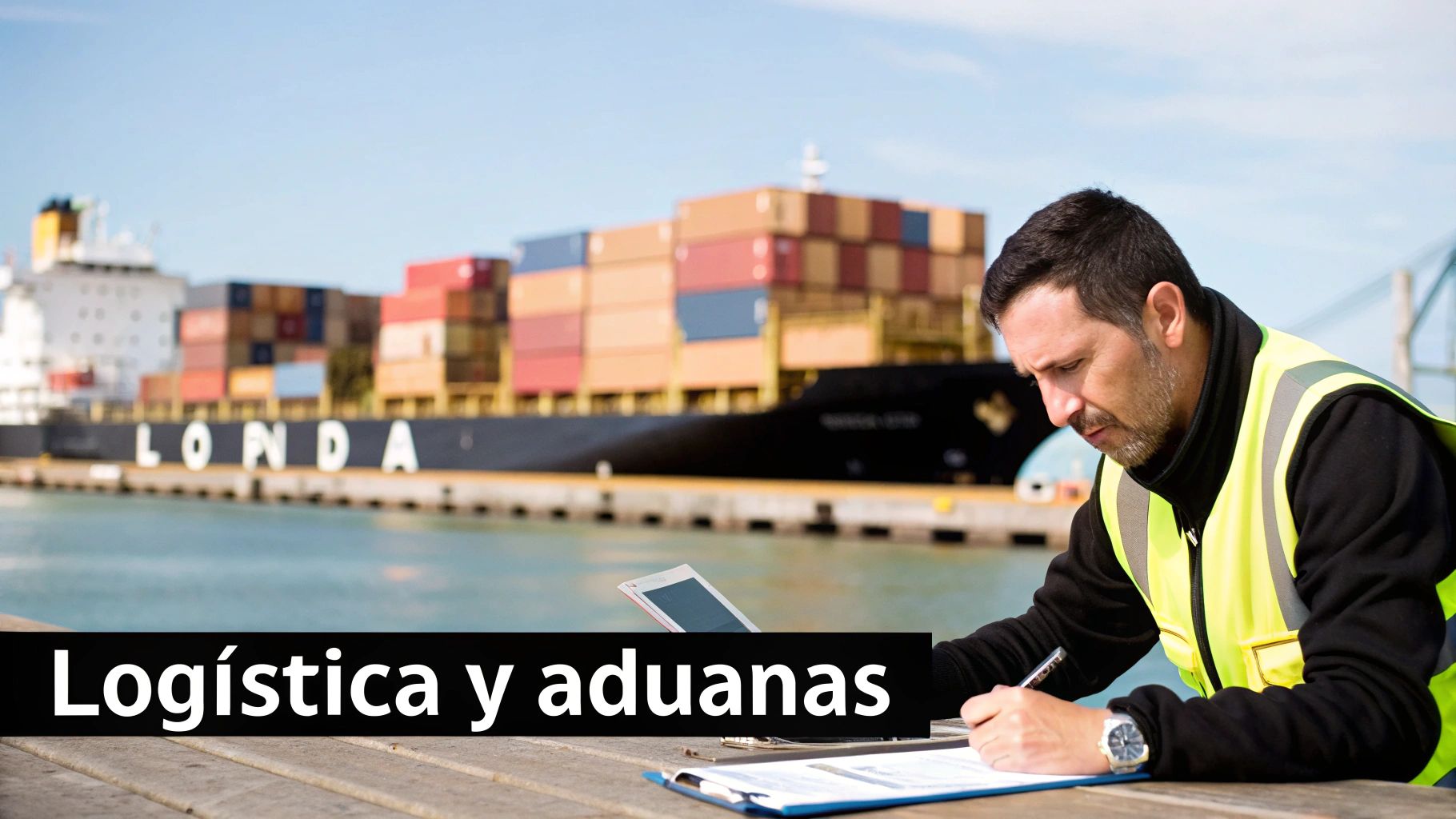 Hombre en chaleco de seguridad trabajando en documentos frente a un barco de carga en un puerto, relacionado con logística y aduanas.