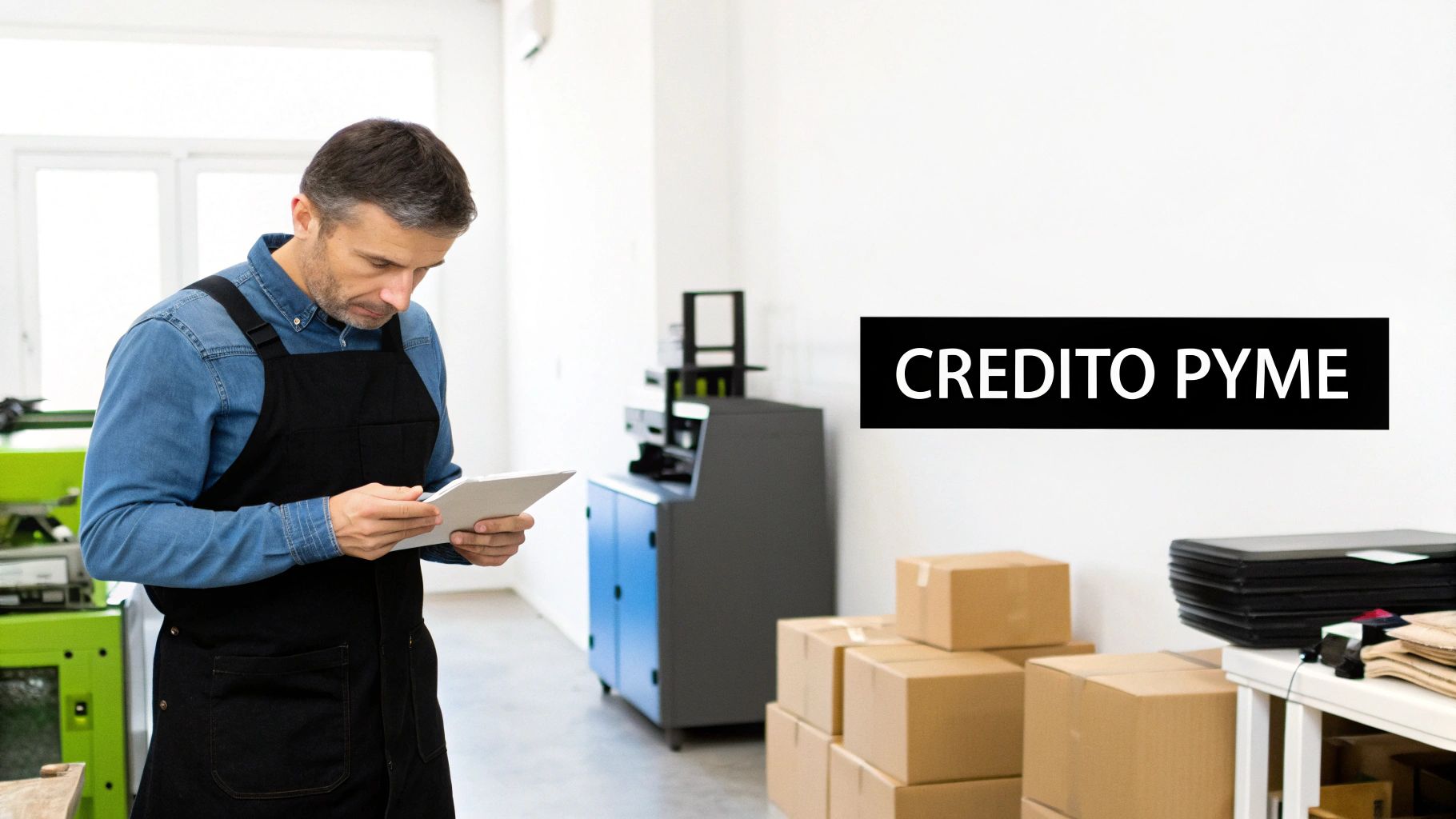 Hombre en delantal revisando una tablet en un taller de pequeña empresa con cajas y equipo, ideal para crédito PYME.