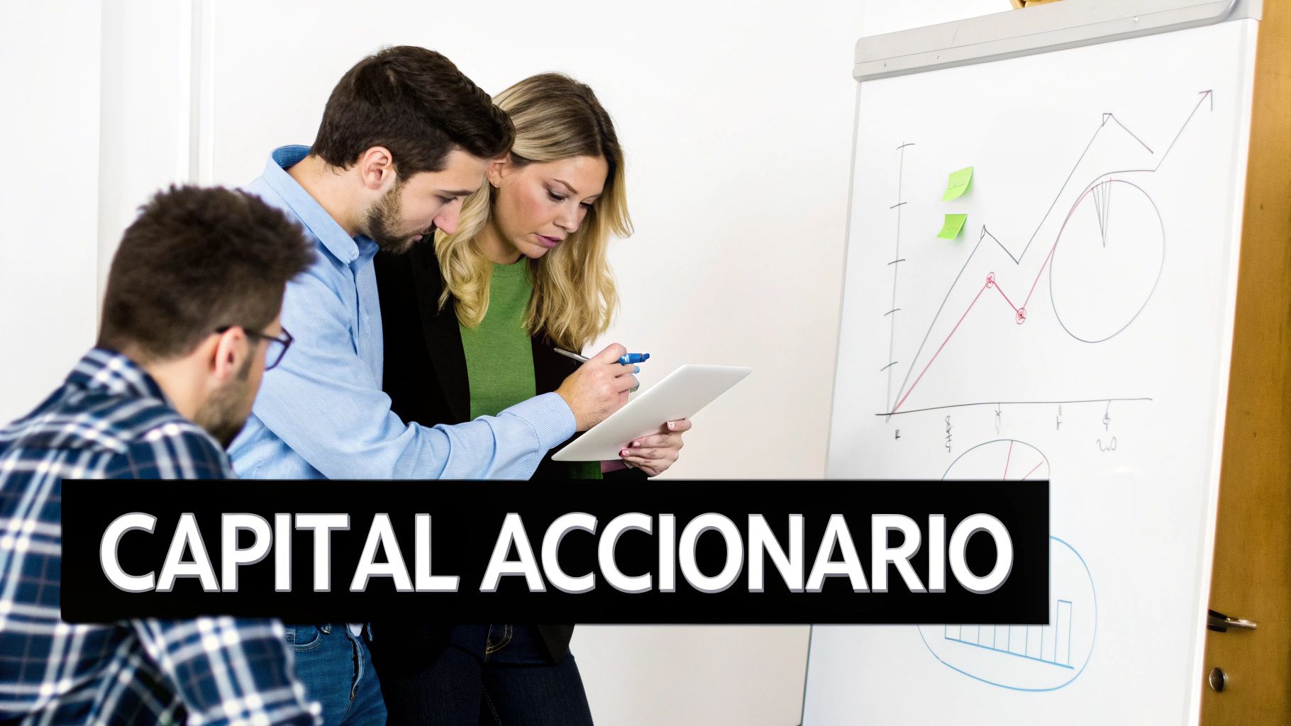 Equipo empresarial analizando gráficos financieros y capital accionario en presentación de negocios