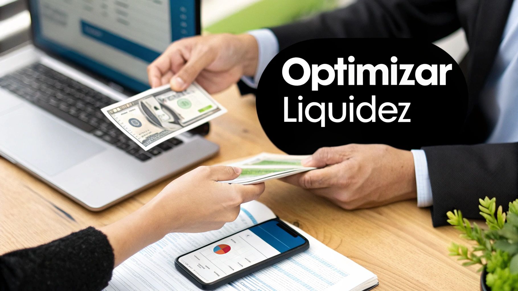Manos intercambiando billetes de dólar en un entorno de oficina, simbolizando la optimización de la liquidez financiera.