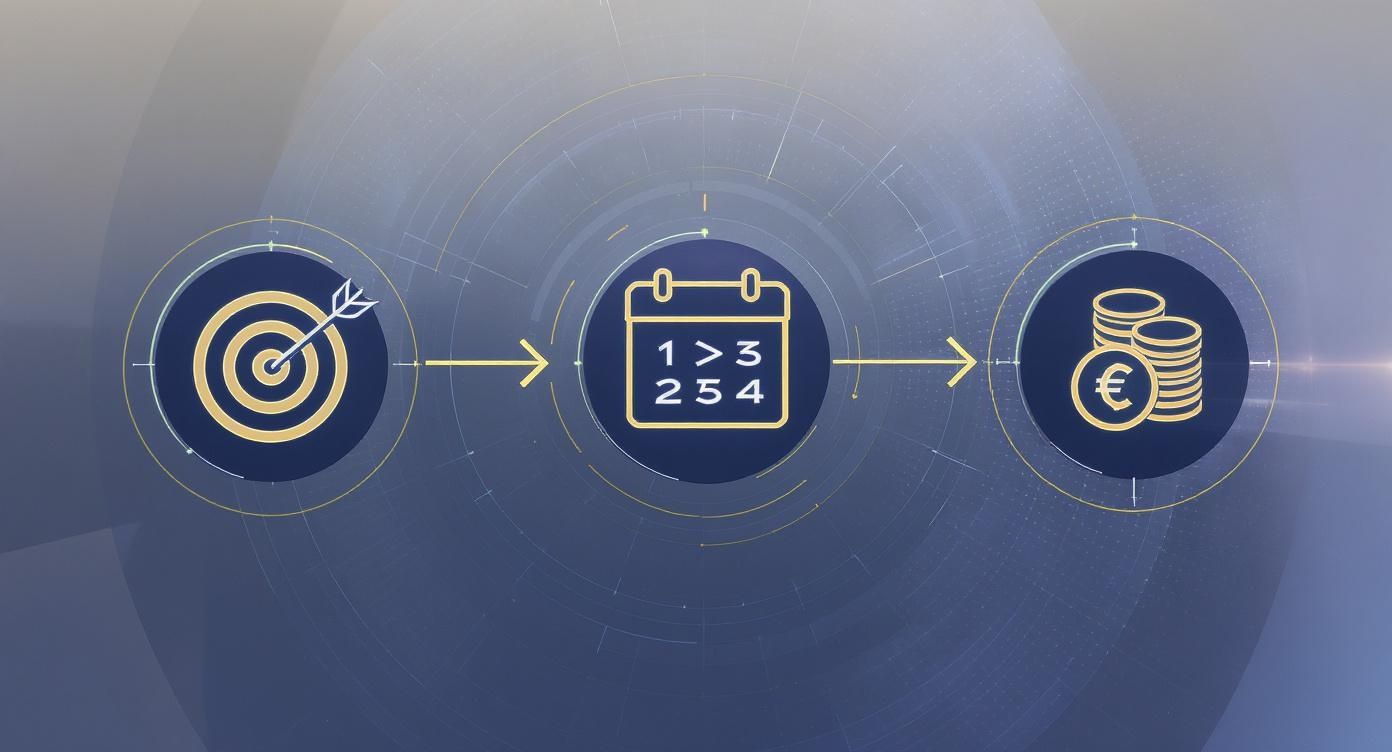 Representación visual de un plan de inversión: objetivo, cronograma y ganancia financiera.