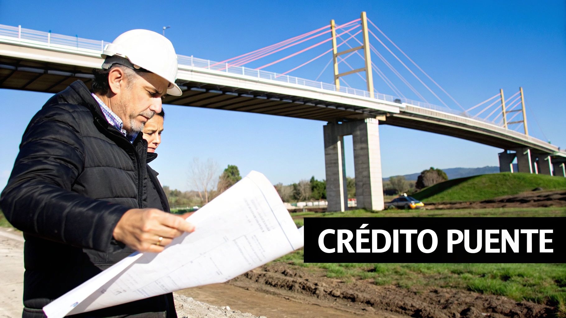 Ingenieros revisando planos en un sitio de construcción con un puente moderno de fondo, y el texto 'CRÉDITO PUENTE'.