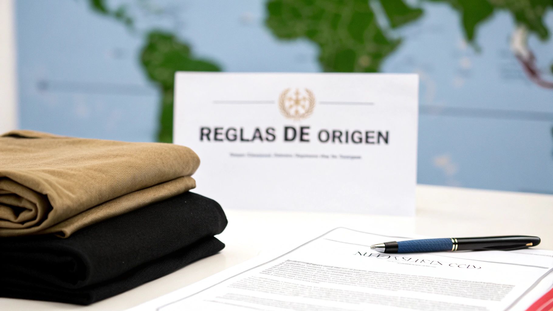 Una mesa con documentos de 'Reglas de Origen', una pluma, ropa doblada y un mapa mundial de fondo.
