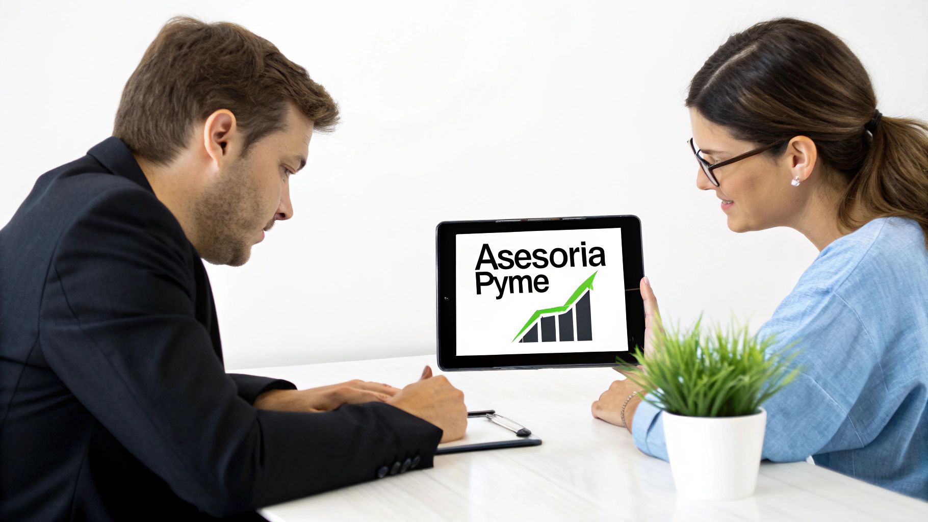 Dos profesionales revisando información sobre asesoría Pyme en tablet con gráfico de crecimiento empresarial