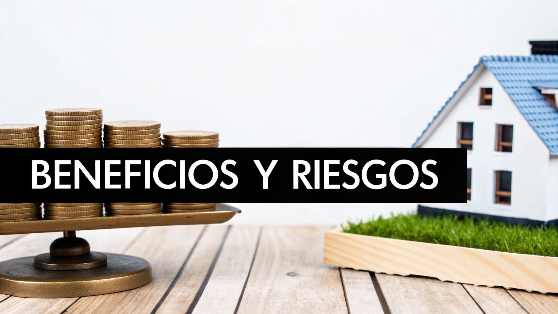 Monedas en una balanza y una casa en miniatura con el texto 'Beneficios y Riesgos', representando finanzas y propiedades.