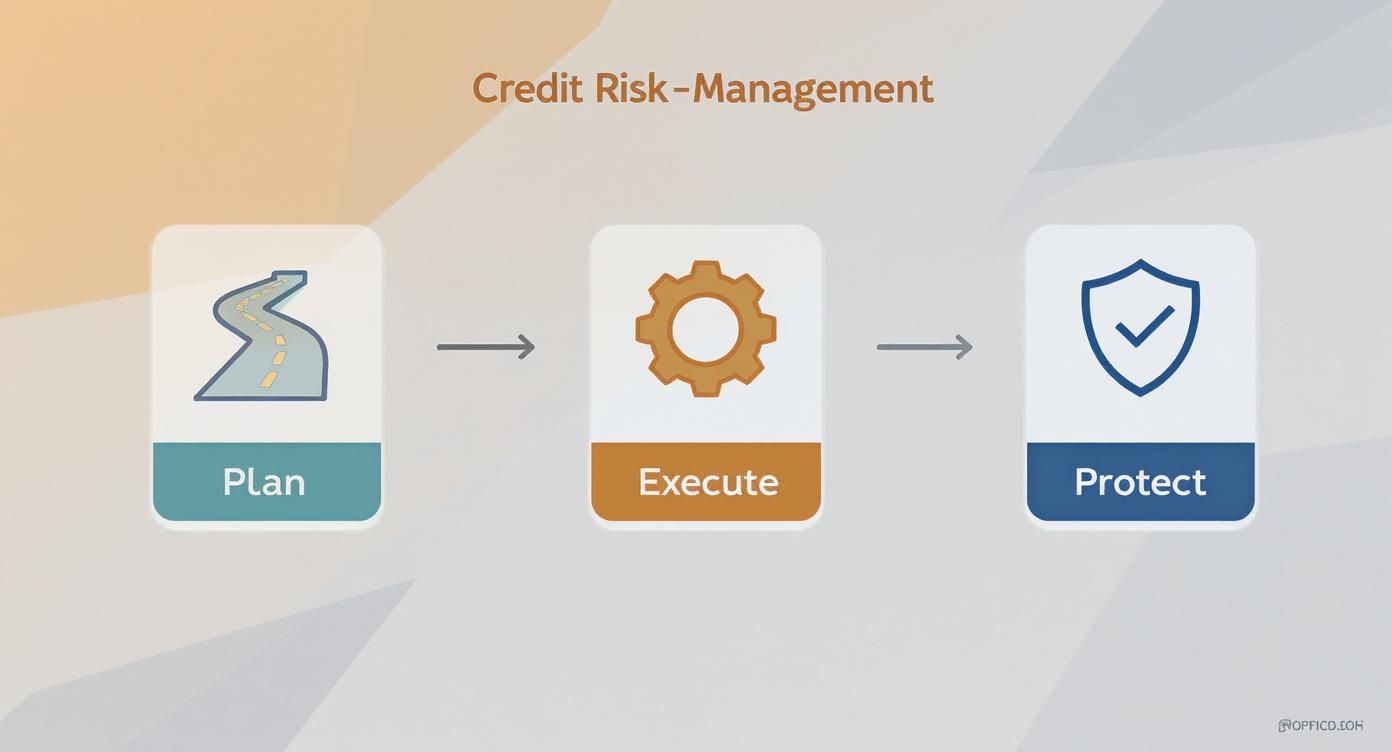 Un gráfico muestra las etapas de gestión de riesgo crediticio: Plan, Ejecutar y Proteger con iconos representativos.