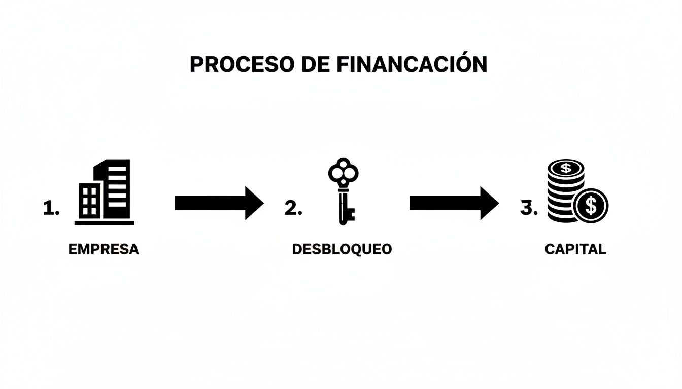 Diagrama del proceso de financiación: empresa, desbloqueo con una llave y obtención de capital.