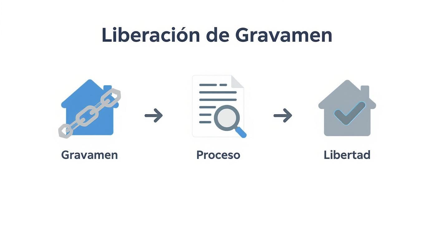Diagrama del proceso de liberación de gravamen: de casa con cadena, pasando por el proceso, a casa libre con verificación.