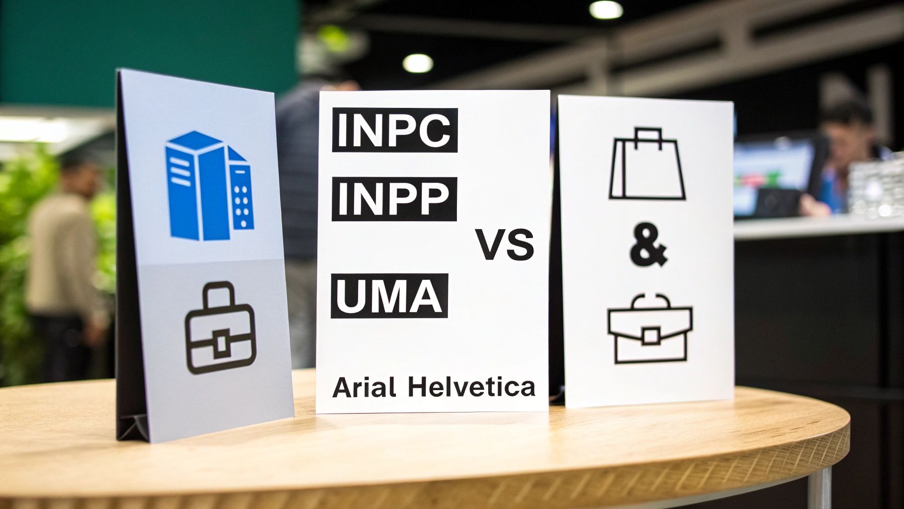 Tres tarjetas blancas con iconos y texto sobre una mesa de madera. Tarjetas muestran INPC, INPP, UMA y símbolos de edificios, bolsos y maletines.