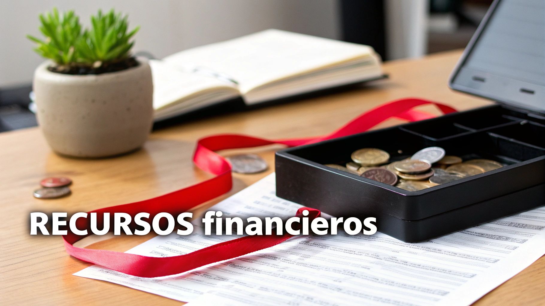 Escritorio de oficina con caja de monedas, documentos financieros y listón rojo representando recursos financieros empresariales