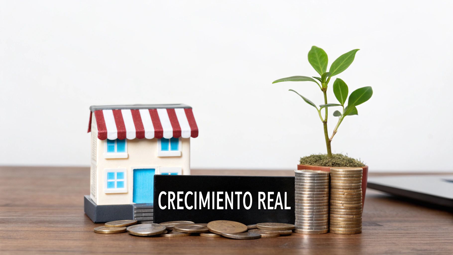 Una casa en miniatura, planta, monedas apiladas y un letrero con "CRECIMIENTO REAL", simbolizando inversión.