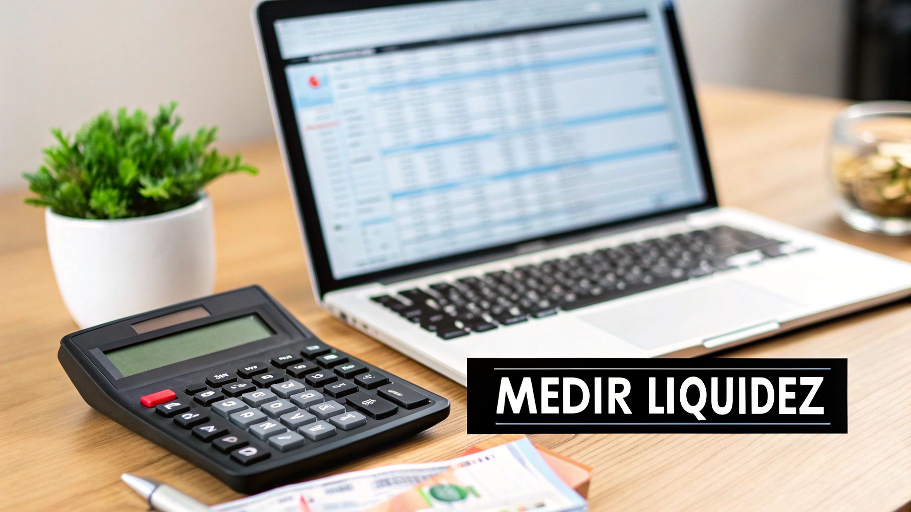 Calculadora y portátil con hoja de cálculo en un escritorio, mostrando conceptos financieros para medir la liquidez.